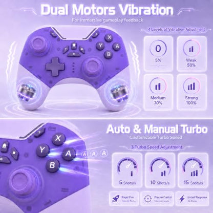 aghi Bluetooth Phone Controller with Hall Effect Joysticks and Phone Clip | Wireless Gamepad for iPhone/Android/TV/PC/Steam/Switch 1/2, with Lock Speed, Macro, 6-Axis Gyro, Vibration, Turbo, Purple - color: Purple