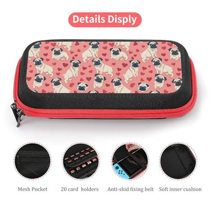 AoHanan Switch Carrying Case - Cartoon Pugs Puppies on A Pink Game Case With 20 Games Cartridges, Hard Shell Travel Protection Storage for Console & Accessories - color: Cartoon Pugs Puppies on A Pink