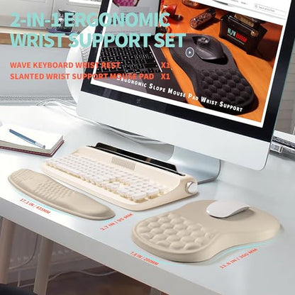 2-in-1 Ergonomic Set, Wave Rise Keyboard Wrist Rest and Massage Bulge Slope Mouse Pad Wrist Support, Cushion Memory Foam Integrated to Relieve Wrist Pain, Apricot - color: Apricot