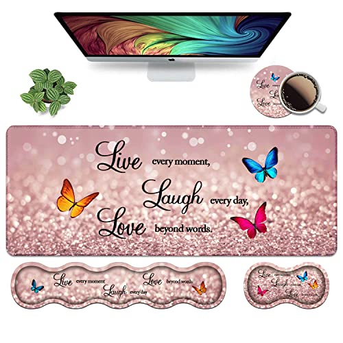 Ergonomic Keyboard Wrist Rest & Mouse Pad Wrist Rest Set, Large XXL Gaming Desk Mat 31.5"x 11.8", Non-Slip Base, Memory Foam, Easy Typing Pain Relief for Office & Home, Glitter Quote Live Laugh Love - color: Glitter Quote Live Laugh Love