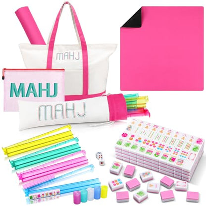 Ceenna Pink American Mahjong Set with Carrying Bag Complete Ma Jong Game | Set with 160 Tiles, Equipped 4 All-in-one Rack Pusher Noise Reducing Table Mat Plastic Mahjong Coins and Multi Storage Bags - color: Pink