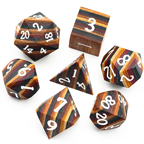 Wooden DND Dice Set Wood Polyhedral Dice Set D&D for Tabletop Games | Iron Box, DM Gift, for Dungeons and Dragons Role Playing Games - color: Yellow Striped