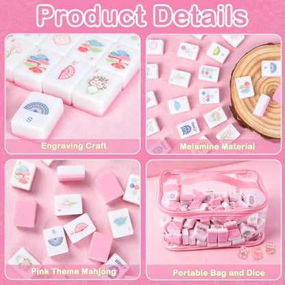 162 American Mahjong Tile Set with Storage Bag & Dice, 1.2" Mini Pink 3D Engraved Melamine Mahjong Tiles Travel Game for Adults, Friend & Family Game Night, Gifts for Mah-jongg Lovers - color: Pink
