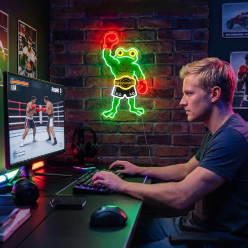HAJAE Frog Neon Sign, Dimmable Boxing Frog Champion LED Light Wall Decor - Funny Muscular Frog Gifts for Men Boys Kids, Wrestling Birthday Party Decorations, Gym Man Cave Room Neon Light - style: Boxing Frog