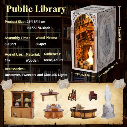 MiniCity Public Library DIY Book Nook Kit, Miniature House Puzzle with LED | Create a museum reading room for display; LED, dust cover, glue/tools and guide included; 604 pieces, 6-8 hr build, ages 14+. - style: Public Library