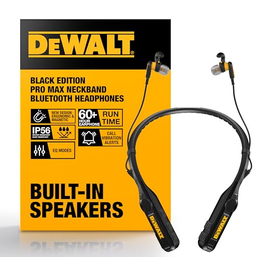 DEWALT Heavy Duty Black Edition 2-in-1 Neckband Bluetooth Headphones | w/Built-in Speakers, Jobsite Wearable Speaker & Around Neck, Wireless Headset, 60+ Hrs Hands-Free Music & Calls, Carry Pouch - color: Black
