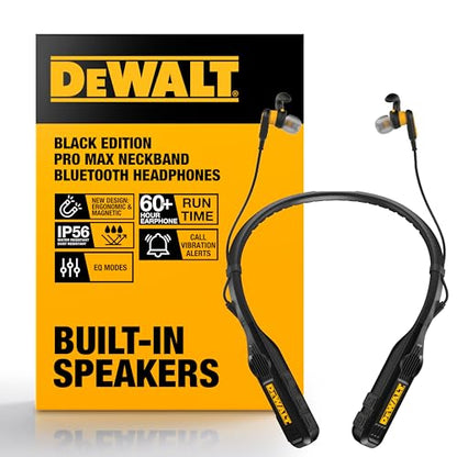 DEWALT Heavy Duty Black Edition 2-in-1 Neckband Bluetooth Headphones | w/Built-in Speakers, Jobsite Wearable Speaker & Around Neck, Wireless Headset, 60+ Hrs Hands-Free Music & Calls, Carry Pouch - color: Black