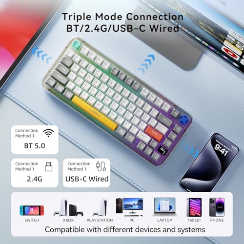 AUSDOM K75pro Wireless Gaming Creamy Keyboard, Tri-Mode BT/2.4G/USB-C Computer Keyboard, RGB Backlit Media Knob Creamy Keyboard (Mixed Color) - color: Mixed Color