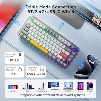 AUSDOM K75pro Wireless Gaming Creamy Keyboard, Tri-Mode BT/2.4G/USB-C Computer Keyboard, RGB Backlit Media Knob Creamy Keyboard (Mixed Color) - color: Mixed Color