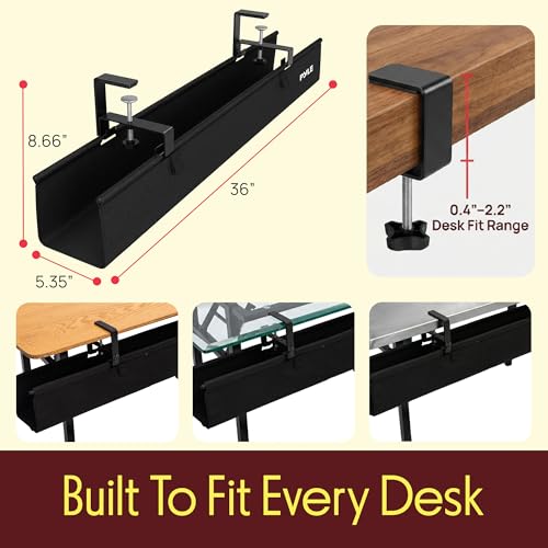 Pyle 36" Under Desk Cable Management Tray, Under Desk Wire Organizer with Clamp or Screw Mount, Desk Cable Organizer with Fabric Design for Large Workstations, Built-in Ties, 20 lb Capacity, Black - size: 36"