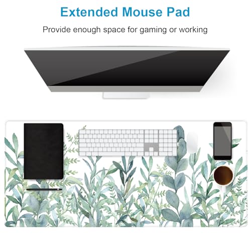 XXL Waterproof Office Desk Pad Protector 35.4x15.7 Inch - Extended Gaming Mouse Pad with Non-Slip Rubber Base, Thickened Keyboard Mat, Stitched Edges & Green Plants Design - color: A-green