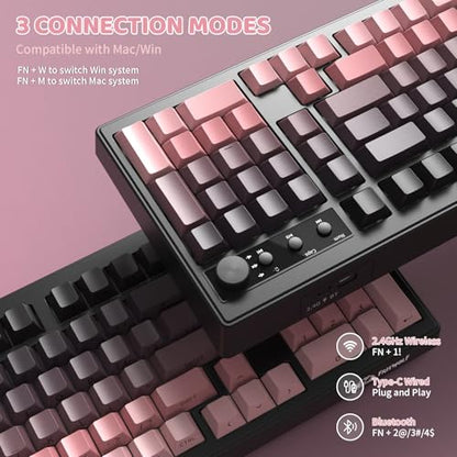 FREEWOLF K100 99 Keys Gaming Creamy Silent Wireless Keyboard with Media Knob,BT/2.4GHz/USB-C,Side Printed Keys RGB Backlit Number Pad,Retro Cute Membrane Computer Keyboard for PC/MAC-Gradient Pink - color: Gradient Pink