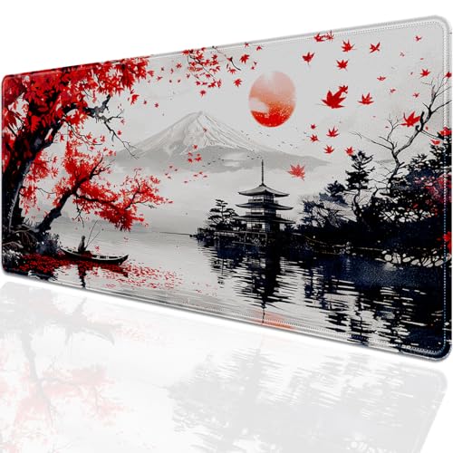 Mount Fuji Mouse Pad Desk Pad, 27.5x11.8 in Japanese Style Mouse Pad Extended Keyboard Mousepad with Stitched Edges, Waterproof Non-Slip Rubber Base for Office Computer Laptop Home - color: Red maple leaves and Mount Fuji