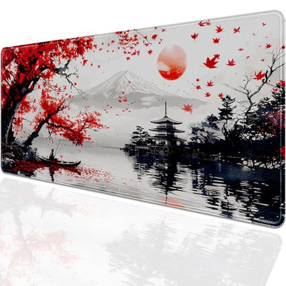 Mount Fuji Mouse Pad Desk Pad, 27.5x11.8 in Japanese Style Mouse Pad Extended Keyboard Mousepad with Stitched Edges, Waterproof Non-Slip Rubber Base for Office Computer Laptop Home - color: Red maple leaves and Mount Fuji