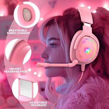 Jimonyer Gaming Headset with Microphone, 7.1 Surround Sound and Noise Canceling Over Ear Headphones for PC/PS5/PS4/Xbox Series/Switch, RGB Light and Soft Memory Earmuffs (Pink) - color: Pink