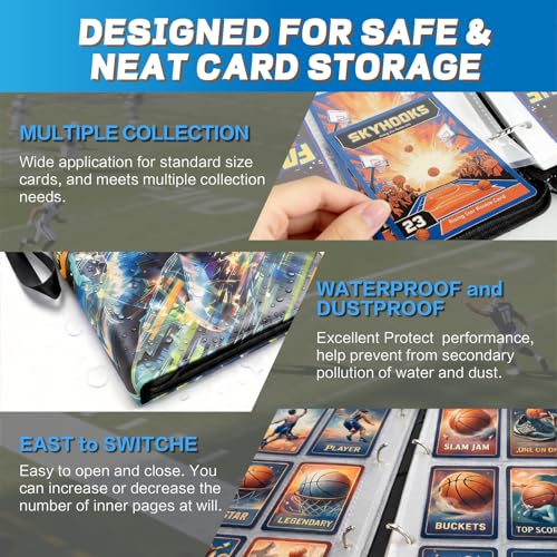 Football Card Binder with Sleeves, 9-Pocket Portable Card Protectors Album Holder Book with Zipper, Fits 900 Cards with 50 Removable Sleeves, Football Cards Display Storage Carrying Case - color: Football-02