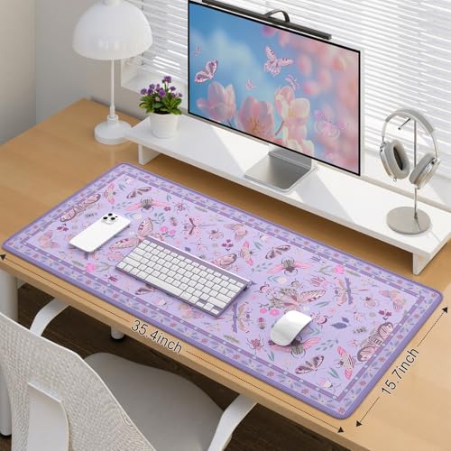 iCasso Purple Large Mouse Pad, Desk Matt for Desktop | XXL Desk Mat for Keyboard and Mouse, Anti-Slip Big Mousepad Computer Mat with Stitched Edges - color: Insect-purple