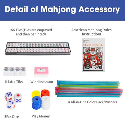 Suncle American Mahjong Tile Set,166 White Tiles Mahjong Set,4 Colors Mahjong Racks,Travel Mahjong Set with Blue Carrying Bag - color: Blue