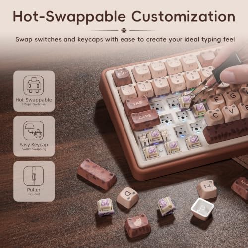 ZORNHER UR82 Mechanical Keyboard,75% Wireless Creamy Gaming Keyboard with Cute Leopard Cat Kawaii Glowing Kitty Ear Mao Keycaps, Aesthetics Compact Brown Keyboard for Home Office,Coffee Brown - color: Leopard Cat