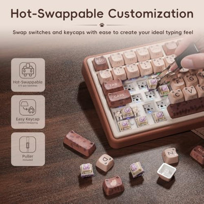 ZORNHER UR82 Mechanical Keyboard,75% Wireless Creamy Gaming Keyboard with Cute Leopard Cat Kawaii Glowing Kitty Ear Mao Keycaps, Aesthetics Compact Brown Keyboard for Home Office,Coffee Brown - color: Leopard Cat