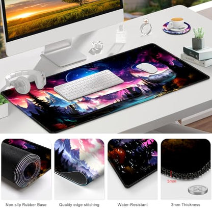 Gaming Mouse Pad, Large Desk Mat, Cute Desk Pad Protector, 4in1 XXL Mousepad + Keyboard Wrist Rest+Mouse Wrist Rest+Coaster Set with Ergonomic Desk Pad for Home Office Table Computer, Purple Hill - color: Purple Hill