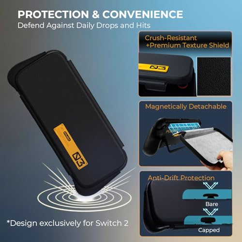 Plenbo - FoldeX Grip Case with Detachable Flip Cover for Nintendo Switch 2, Dockable Ergonomic Handheld Protective Shell, 3-Mode Compatible Joy-Con 2 Controller Grip- Black - color: Black