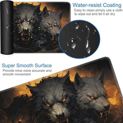 JVGFYNKL MTG Playmat + Drawstring Travel Pouch + 6 Dice Counter, for Tabletop Trading Card Game Playmats or Large Mouse Pad, Anti-Slip Rubber 24 x 14 in, Ferocious Wolf TCG Playmat - color: JV-Playmat-1-F-174