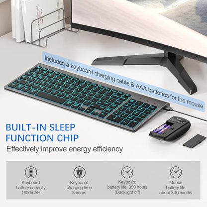 TopMate Wireless Backlit Keyboard and Mouse Ultra Slim Combo, 2.4G Silent Compact 2400DPI Mouse and Scissor Switch Keyboard Set, Batteries Included, for PC/Laptop/Windows/Mac/Gaming - BL Gray Black - color: BL Gray Black