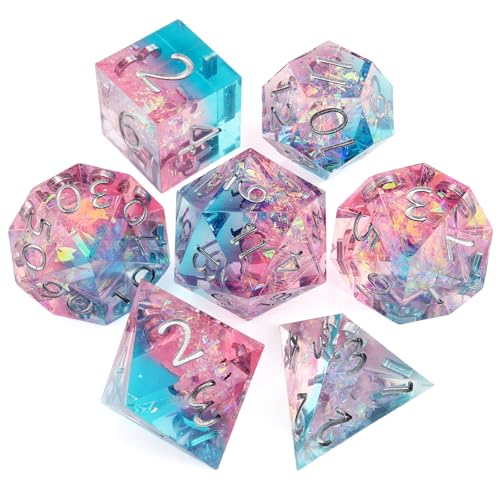 Haxtec Sparkling Sharp Edge Dice Set - Handmade Resin DND Dice with Iridescent Mylar Inclusion, Light Purple and Blue Color Mix-Enchanted Stardust - color: Light Blue Pink