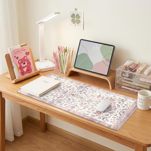 Baziabbo Pink Desk Mat,XXL Extended Large Mouse Pad,Gaming Mousepad with Stitched Edge,Non-Slip Rubber Base Keyboard Desk Pad for Home Office Study Game (Pink Floral-A) - color: Pink Floral-A