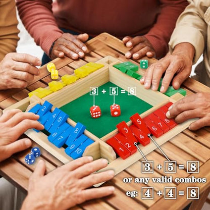 Shut The Box Dice Game 2-4 Players, Wooden Board Table Math Game with 8 Dices, Classic Tabletop Version Family Games for Adults and Kids
