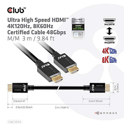 Club3D CAC-1373 Ultra High Speed HDMI Certified Cable 4K 120Hz 8K 60Hz (with DSC 1.2, 3 Meter/9,84 Feet Black, Male-Male - style: 3m/9.84ft