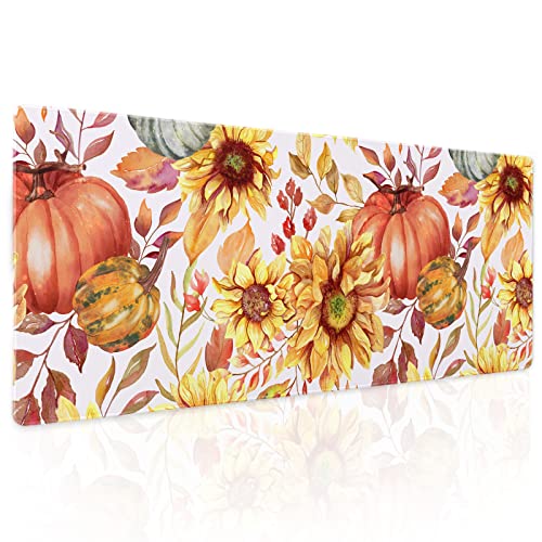 Fall Pumpkin Sunflowers Mouse Pad XL Watercolor Retro Autumn Leaves Floral Extended Desk Mat Non-Slip Rubber Base Stitched Edge Large XL Thanksgiving Mousepad for Desk Gaming Laptop,31.5×11.8 in - color: Fall Pumpkin, size: 31.5 x 11.8 inches