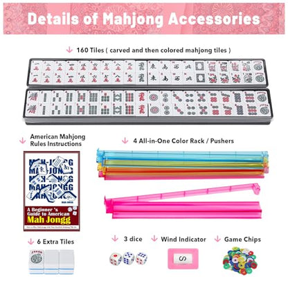 American Mahjong Tile Set with Pink Printed Carrying Bag, 166 Blue Tiles, 4 All-in-One Color Racks/Pushers, Mah Jongg Sets, Mahjong Game Set for Travel, Christmas, Birthday Gifts - color: Pink（blue Tiles）