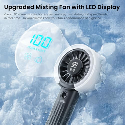 HandFan Upgraded Misting Fan with LED Display – Extreme Cooling Portable Handheld Fan with Water Mist Spray, 50% Stronger Airflow & Quieter, USB Rechargeable for Travel/Park/Disney/Beach/Concert/Game - color: Classic Black