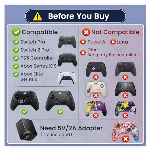 Controller Charging Dock for Switch Pro & Switch 2 Pro Controller, PS5 Controller, Xbox Series X|S & Elite 2, 2-Port LED Charging Station (Not for PowerA/3rd-Party Pro), 5V2A Recommended