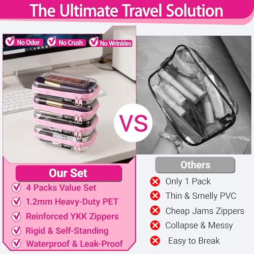 YQBRAO 4-Pack Clear Hard Shell Zipper Case, 1.2mm Ultra-Thick Diaper Bag Organizer Pouches, Rigid Self-Standing Travel Makeup Bags with YKK Zippers, TSA Approved, Pink - color: Pink, size: 4 Pack(S)
