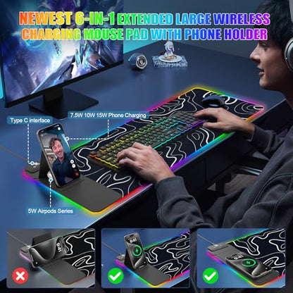 RGB Mouse Pad with Foldable Phone Stand Wireless Charger, 31.5"x11.8" XL Gaming Mousepad Large Desk Mat, Desk Pad with 11 Colors 5 Modes, Waterproof - color: Black Touch Control Stand XL Topographic