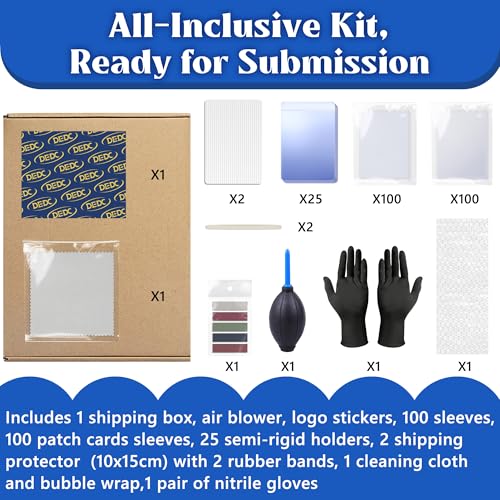 DEDC Card Grading Kit Mailer Set Submission with 25 Semi Rigid Holders 200 Card Sleeves Air Blower Bubble Wrap Gloves Cleaning Cloth for Collectible Card Shipping and Protection (1-Set- BGS) - size: 1-set- BGS