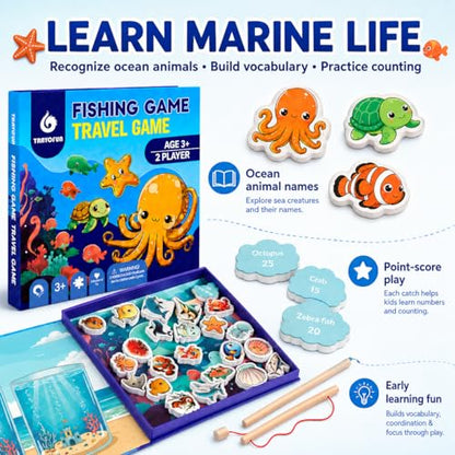 TRAVOFUN Magnetic Fishing Game Book for Kids Ages 3-8, Travel Toys for Toddlers 3-5, Road Trip and Airplane Activities, Quiet Portable Car Ride Toy with 2 Poles and 27 Ocean Fish - style: Fishing Game
