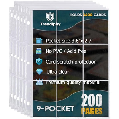 3600 Pockets Trading Card Sleeves, Premium 9-Pocket 200 Sheets, Double-Sided Baseball Cards Sleeves, Card Protectors Sheets for Basketball Cards & More - Fits 3 Ring Binder (200 Sheets) - size: 200 Sheets