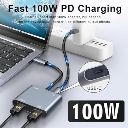 USB C to Dual HDMI Adapter, 4K@60Hz HDMI Splitter for Dual Monitors with USB 3.0, 100W PD Charging, HDMI Splitter Extended Display for MacBook Air/Pro, Dell XPS, HP, Surface, Chromebook - size: 4 IN 1 USB C Hub