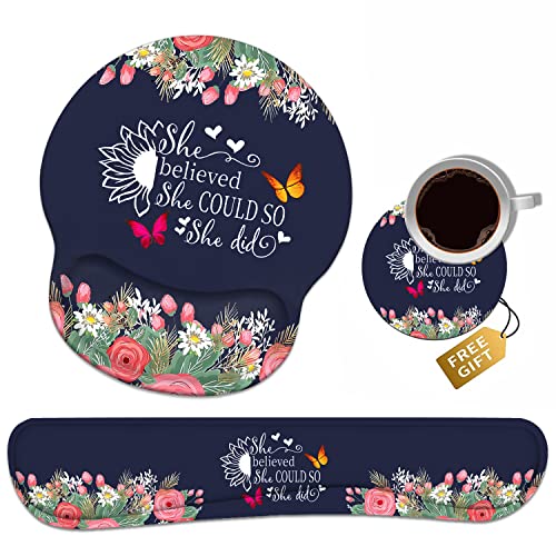 Keyboard Wrist Rest + Mouse Pad Wrist Support Set with Coasters, She Believed She Could So She Did Inspirational Quote Design Non-Slip PU Base Ergonomic Mousepad for Home Office Working Studying - color: She Believed She Could So She Did-2