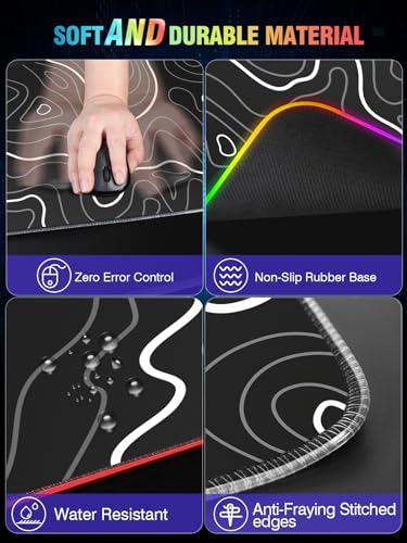 Wireless Charging RGB Gaming Mouse Pad, 31.5"x15.7" XXL Large Desk Mat | Desk Pad for Gamer, 9 Light Modes, Non-Slip Rubber Base, Waterproof Computer Keyboard Mat, Black and Topographic Line - color: Black-white Topographic Line