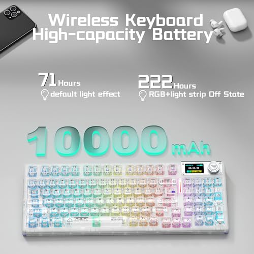 Aula F98Pro V3 Wireless Mechanical Keyboard with Screen & Knob,Tri-Mode Hot Swappable Computer Keyboards,10000mAh Battery,Clear Keycaps RGB Backlit Gasket Mount White Gaming Keyboard for PC/Office - color: White