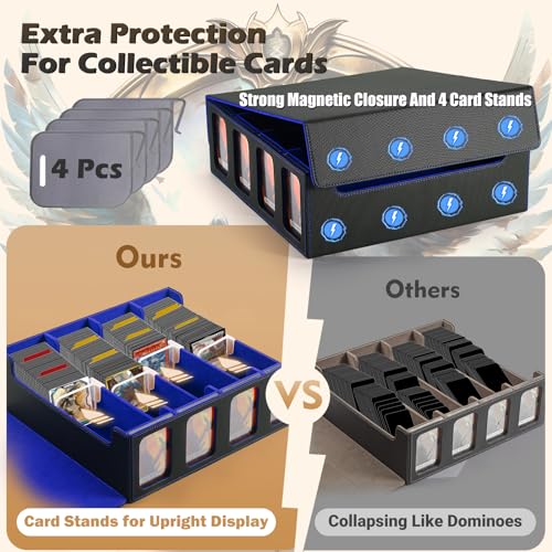 Ultra-Capacity 4-Row Trading Card Storage Box with Commander Display - Holds 3000+ Cards with 12 Dividers & 4 Card Holders, PU Leather Deck Box MTG, Deck Box TCG YuGiOh, Sports Cards - color: Black / Blue