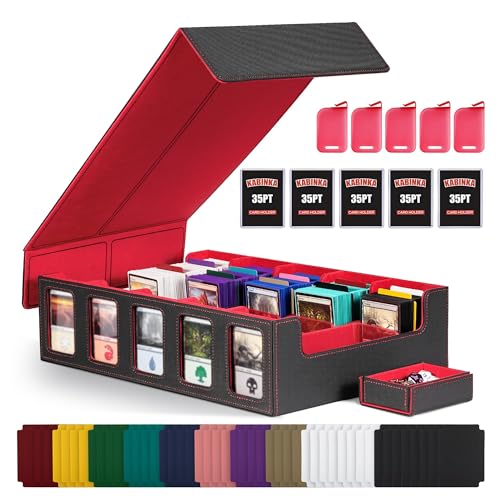 Trading Card Storage Box with Commander Display , 5-Row Deck Case with Removable Lid; 3900+ Card Deck Box for MTG TCG Sports Card, 5 Top Loaders, 5 Stoppers, 48 Dividers,1 Dice Tray (Black Red) - color: A1-Black& Red, size: 3900+