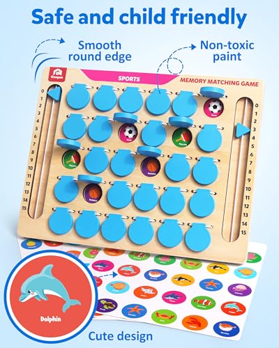 Coogam Memory Matching Game, Wooden Board Travel Toy with Memory Cards | Essential Activity for Road Trip Airplane/Car/Camping, Fine Motor Educational Gift Toy for 3 4 5 Year Old Kids