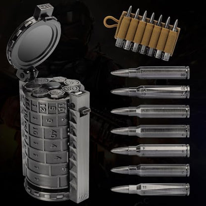 CZYY Rifle Bullet Dice Set, Metal 7 Polyhedral Dice Set for Tabletop Games | D4 to D20 & D%, Spinning Cylinder-Style Case, Cartridge Holder Belt, Gift for RPG Players & Collectors, Silver - color: Silver