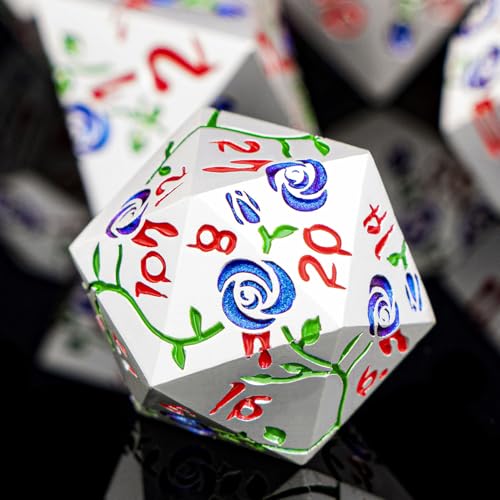 Gothic DND Dice Set Bleeding Rose Metal D and D Dice for use with Dungeons Dragons D&D Role Playing Game, Blue Purple RPG Polyhedral Dice Set D20 D12 D10 D8 D6 D4 - color: Purplish Blue&silver&red Numbers